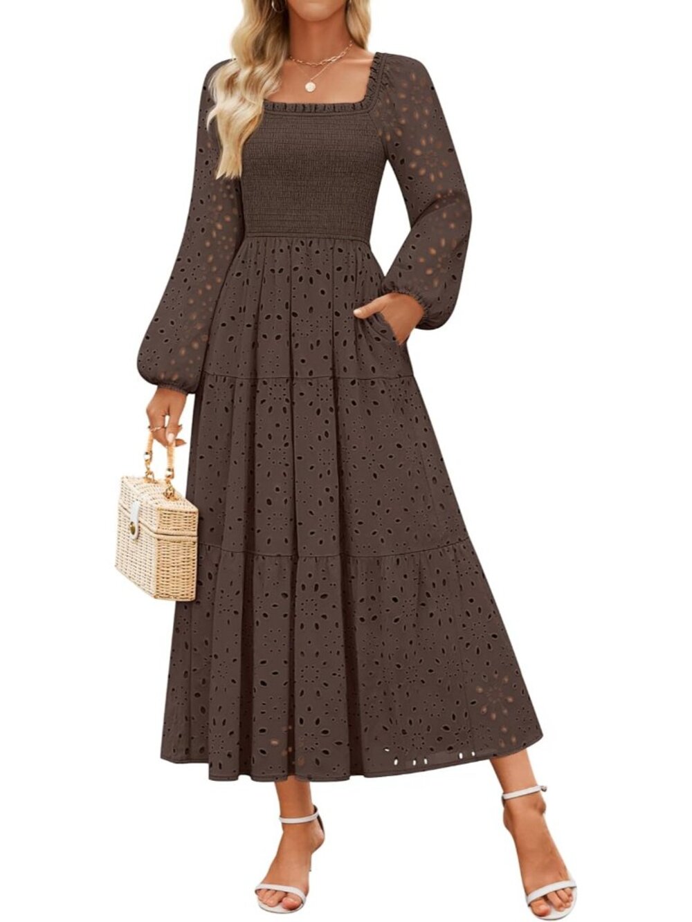 🆕Women's Coffee Long Sleeve Square Neck LINE Mid Waist Pockets Maxi Dress